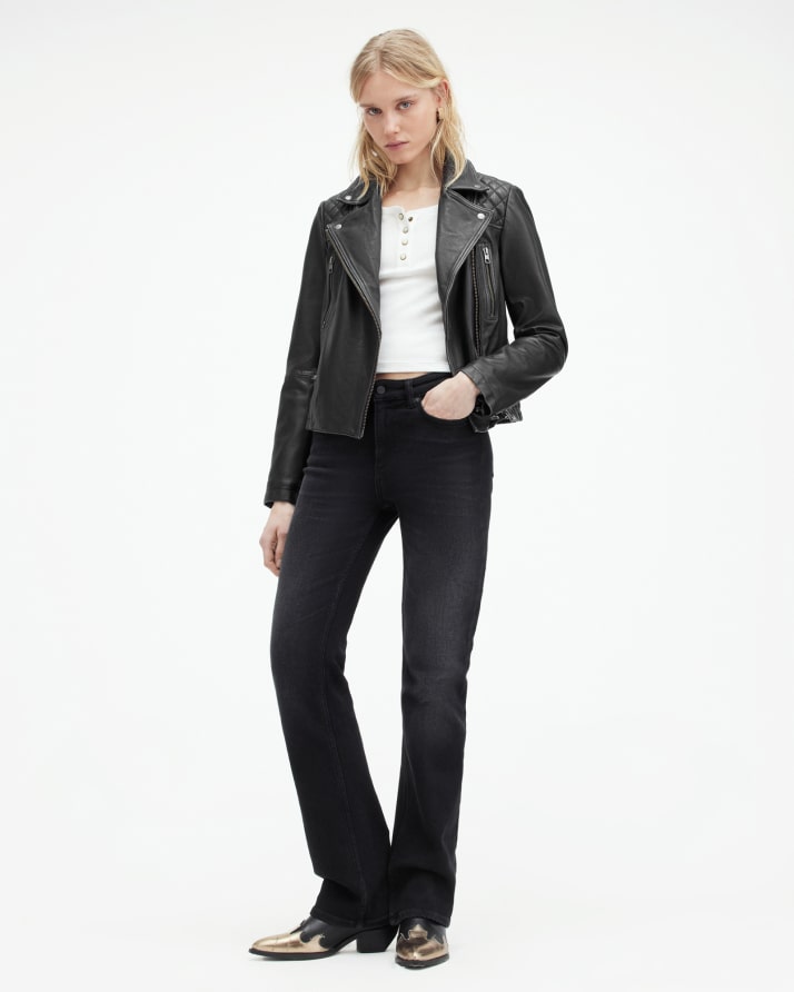 Women's Cargo Leather Jacket - Outfit Front View